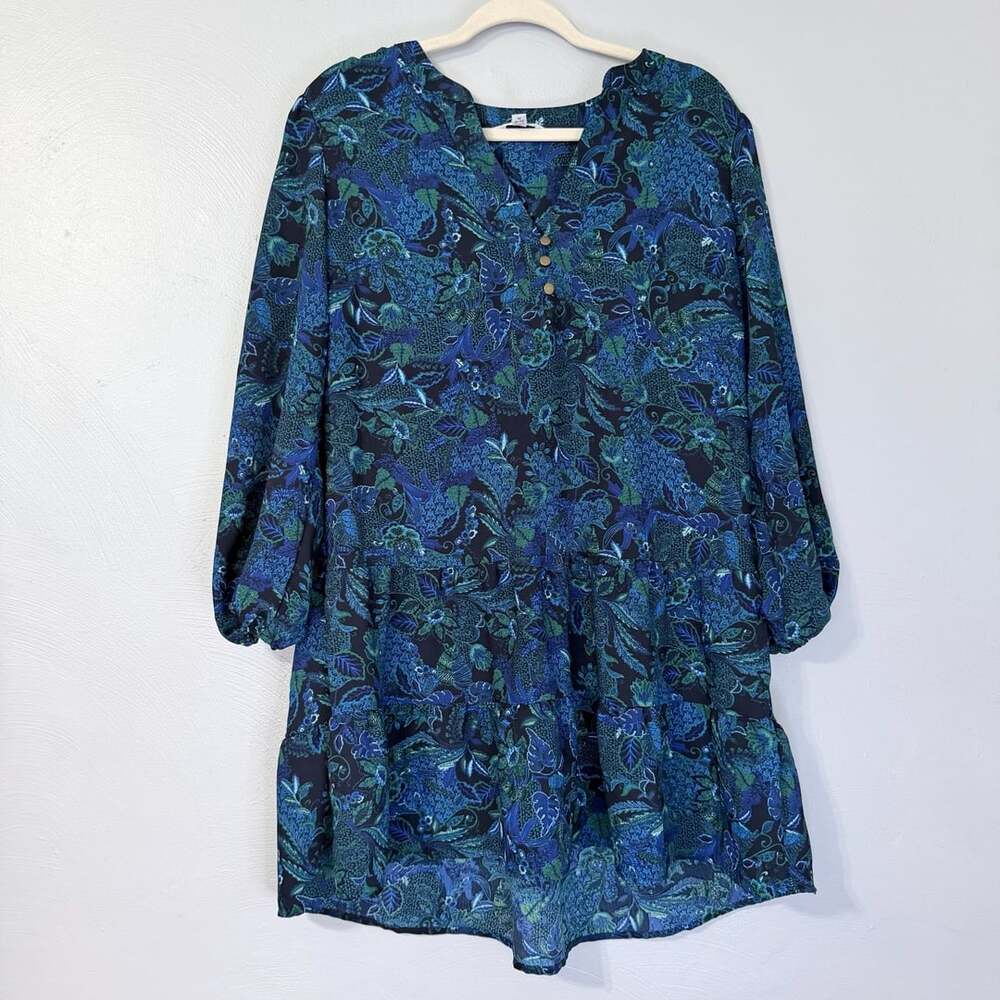 Womens Blue Green Floral Tiered Long Sleeve Dress Size M 8-10